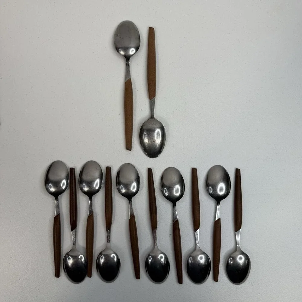 Eldan ELD2-BROWN‎ Set Of 12 Spoons Mid Century Modern Flatware Stainless Steel